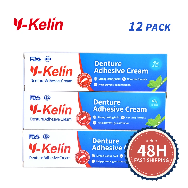 Hot Sale Y-Kelin Denture Care Adhesive Cream Strong Hold 40 Gram 12 Packs for Upper and Lower Secure Send A Gift