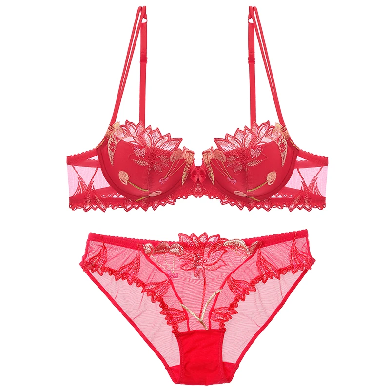 BALALOUM New Arrivals Women Sexy Paded Thin Cotton Bra Brassiere Sets Floral Lace Embroidery Underwire Pink Lingerie Underwear