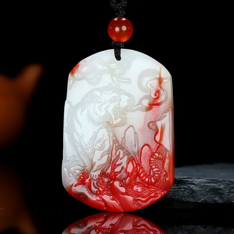 Natural Jade Chicken Blood Jade Zodiac Tiger Pendant Huhushengwei Transshipment Pendant Men's and Women's Sweater Chain