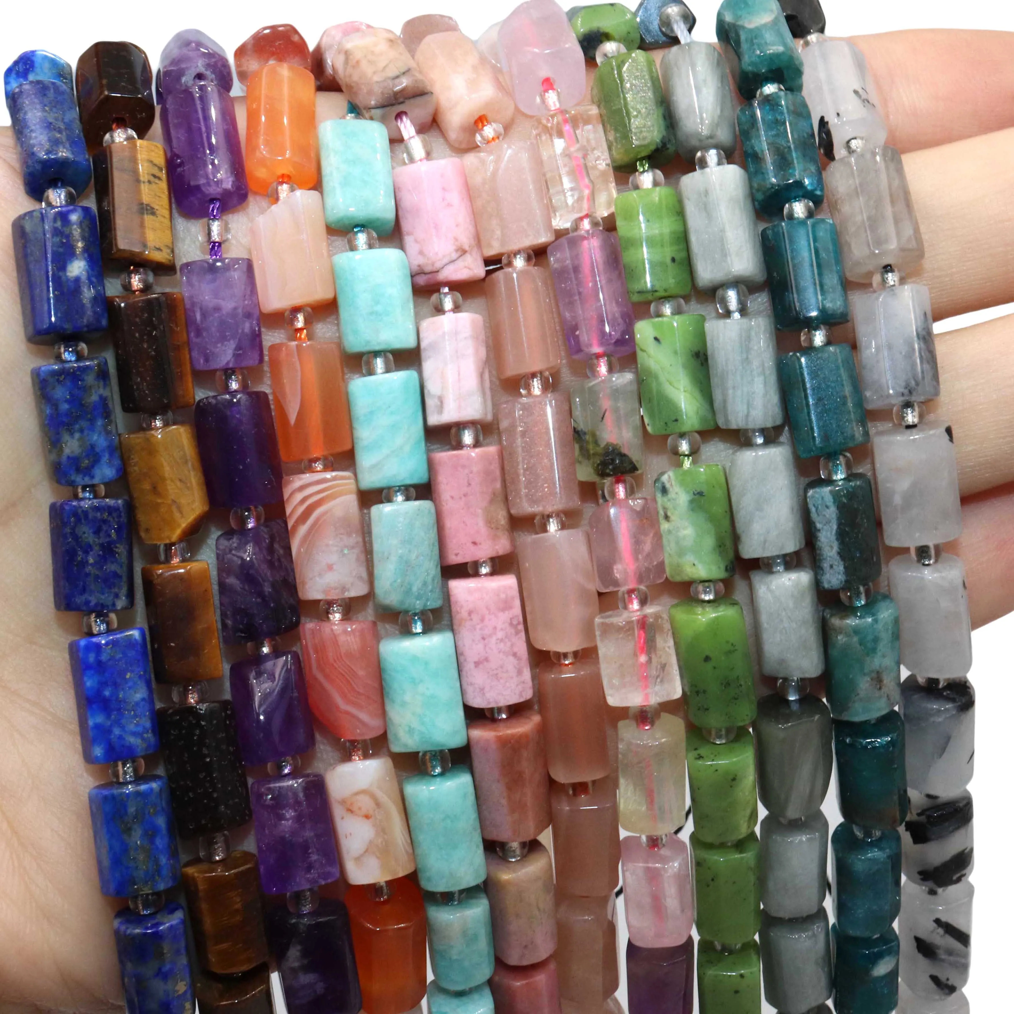 6x10mm Natural Faceted Gem Apatite Quartz Citrines Lapis Lazuli Jades Stone Cylinder Beads For Jewelry Making DIY Bracelets