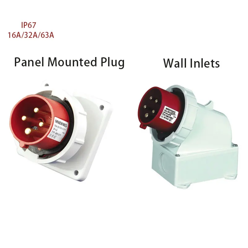 Industrial Plug 16A 32A 63A 3 pole 4 pole 5 pole ip67 Panel Mounted Plug Wall Inlet Waterproof 220V 380V 415V