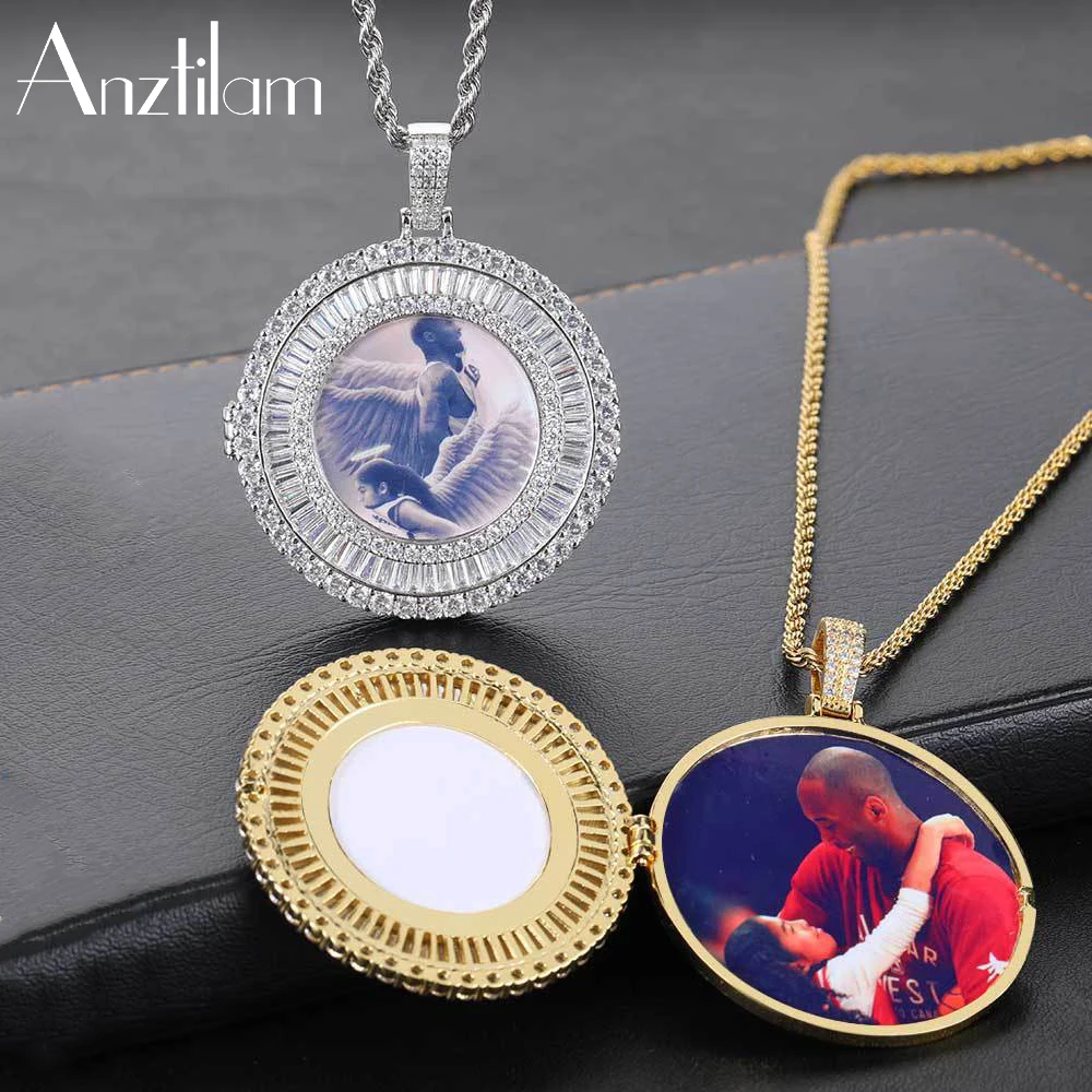 AZ Hip Hop Flap Round Custom Made Photo Pendant Goth Necklace Paved Zircon Stone Men Women DIY Jewelry Wholesale