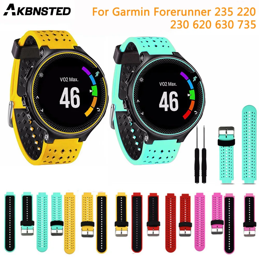 Akbnsted 15 cores pulseira de relógio de silicone macio para garmin forerunner 230/235/220/620/630/735 relógio esportivo, pulseira de substituição