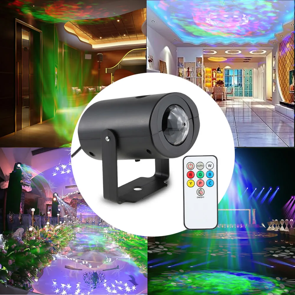 9W Mini RGB Water Wave Ripple Effect LED Stage Light Speed Adjustable 7 Colors Lamp with IR Remote Support Static Color Auto-run