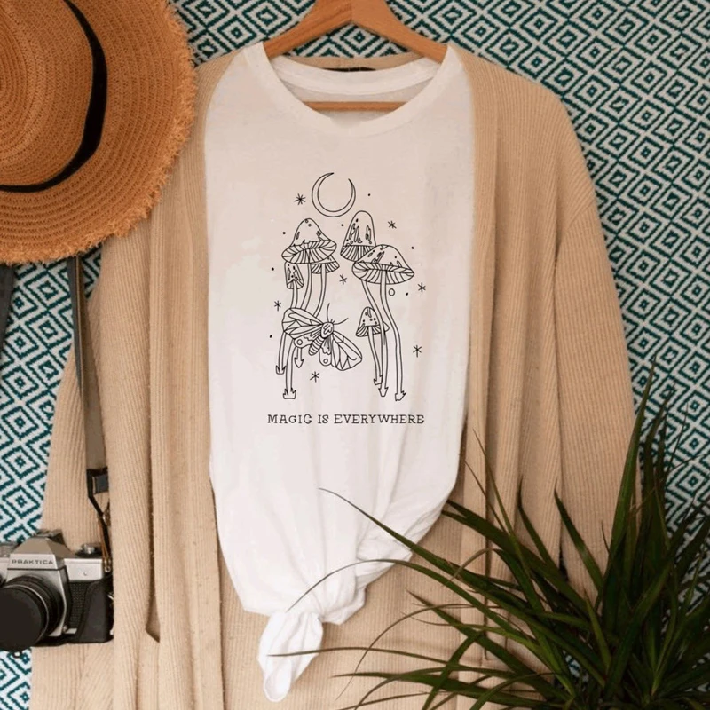 Magic Is Everywhere T-shirt Spiritual Moth And Mushrooms T-shirt Vintage Women Cottagecore Nature Tee Shirt Top