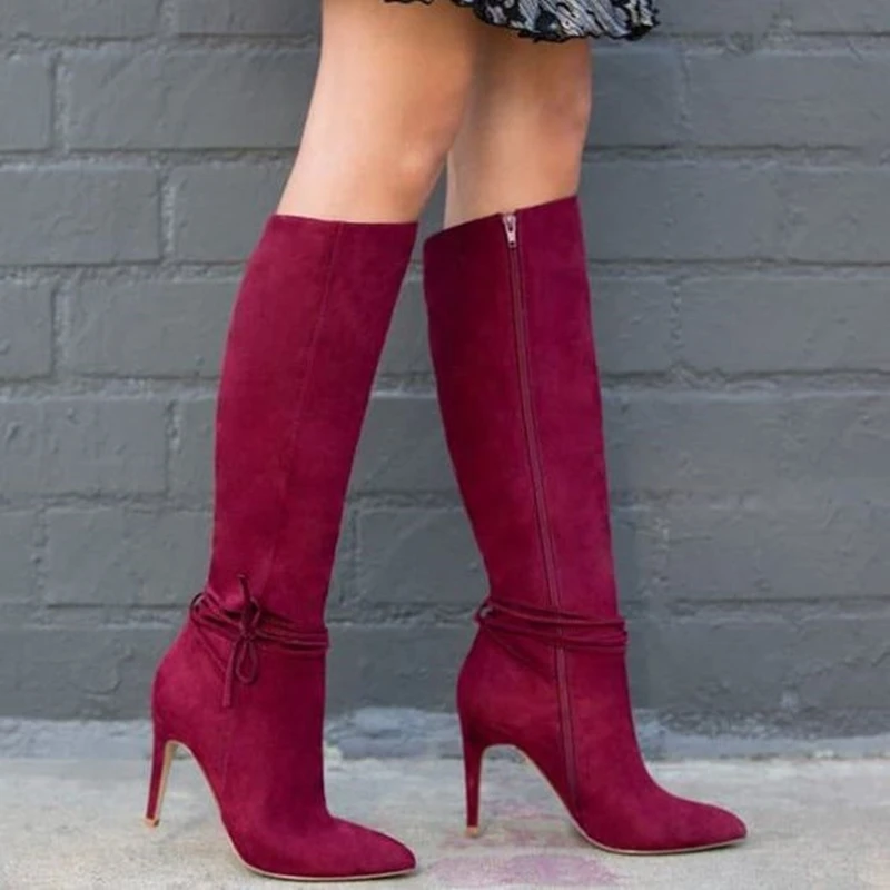 

Burgundy Suede Knee High Boots Narrow Strap Zip Up Winter Women Shoes Flock Sexy Pointed Toe Solid Runway Party Long Boots