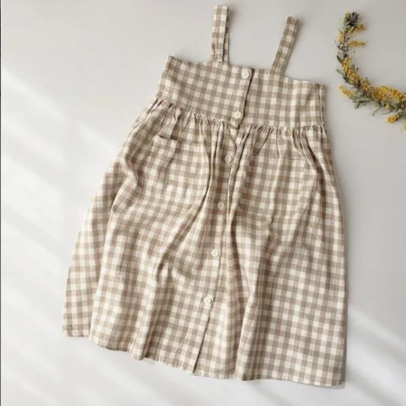 

2022 Casual Fashion Spring Girls Cotton Linen Sling Plaid Pocket Dress Toddler Kids Princess Vest Cute Lattice Dresses