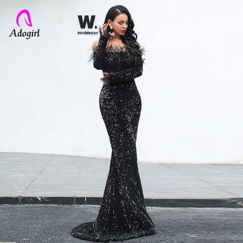 

Sequin Women Sexy Off Shoulder Feather Long Sleeve Floor Length Evening Party Maxi Reflective Sparkling Mariage Dress Vestdios