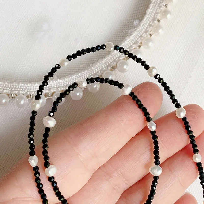 Fashion Healing Jewelry 2MM Small Black Obsidian Stone Crystal Necklace Natural Freshwater Baroque Pearl Choker Short Collier
