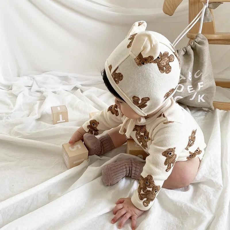 MILANCEL Autumn Baby Bodysuit Cute Bear Suit With Hat Full Sleeve One Piece Infant Outfit