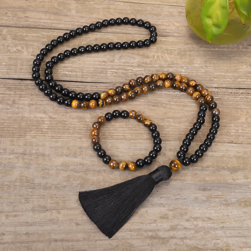 Buddhist Mala Handmade Prayer Bead Necklace Women 8mm Tigers Eye Black Onyx Namaste Yoga Protective Necklace Men