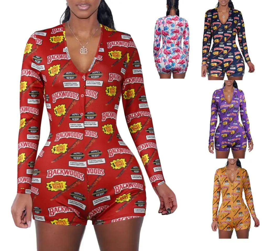 2XL Oversize Thanksgiving print Slim Button Short Pajama Sleepwear Jumpsuit For Women DZ002