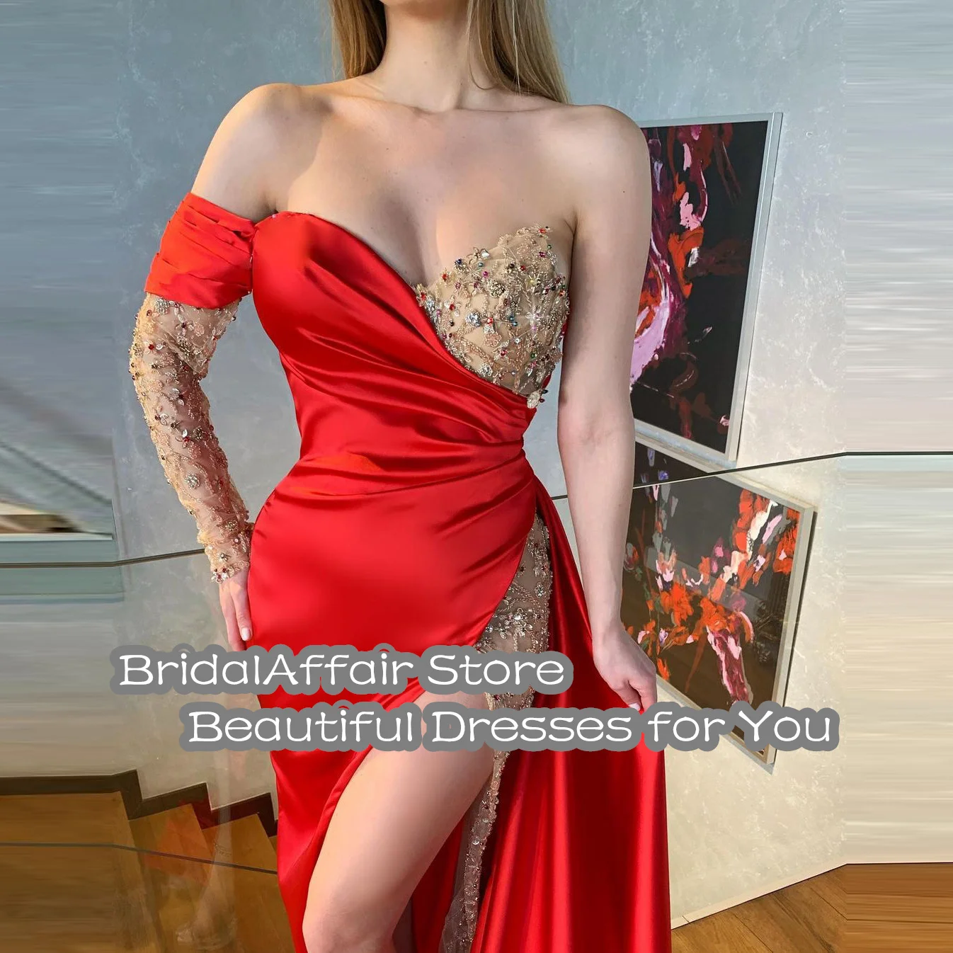 BridalAffair  2022 New Arrival Splicing Prom Dresses One Shoulder Beaded Crystals Mermaid Side Split Satin Evening Gowns