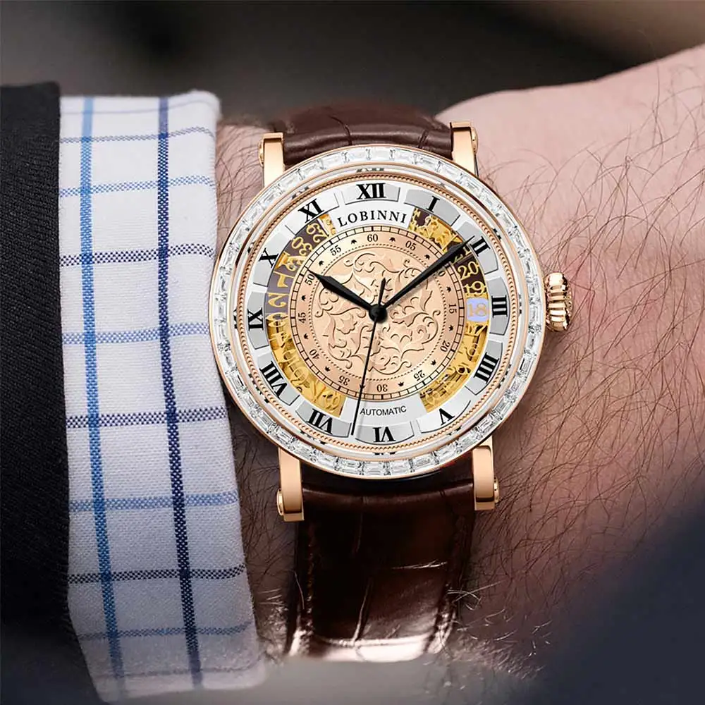 

LOBINNI Luxury Switzerland Brand Automatic Mechanical Men Watches Sapphire Waterproof Full Rhinestone Leather Strap Clock L1830