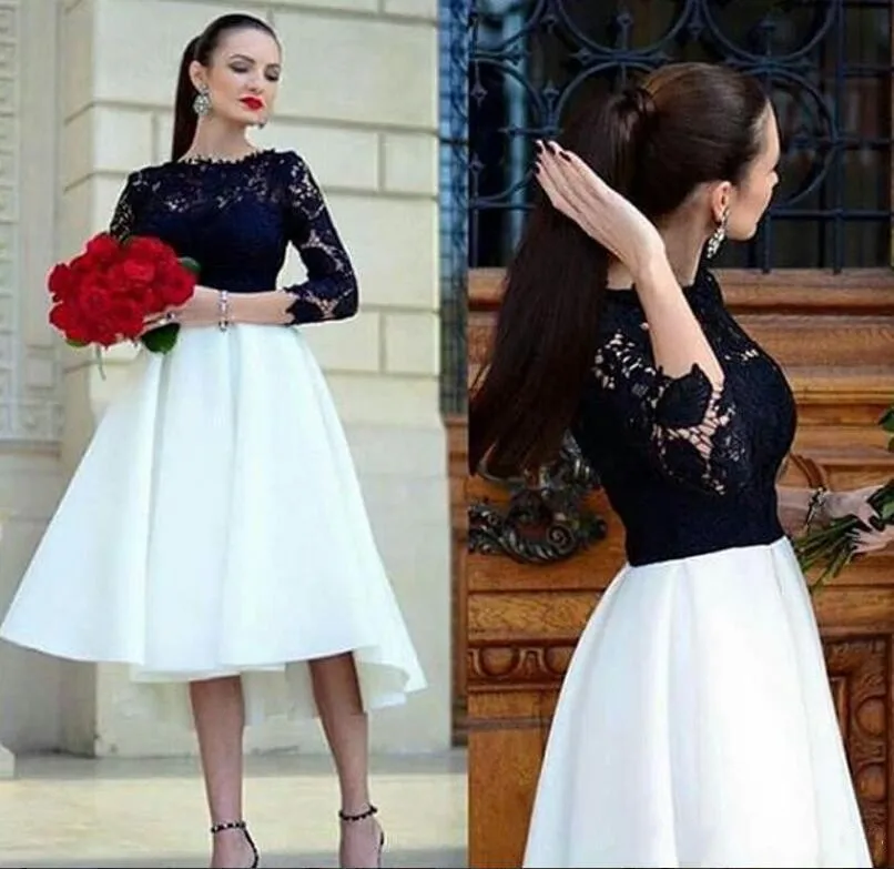 

Customized White and Black Short Evening Dresses 2025 Jewel Half Sleeve High Low Lace Formal Party Prom Gowns robe de soriee