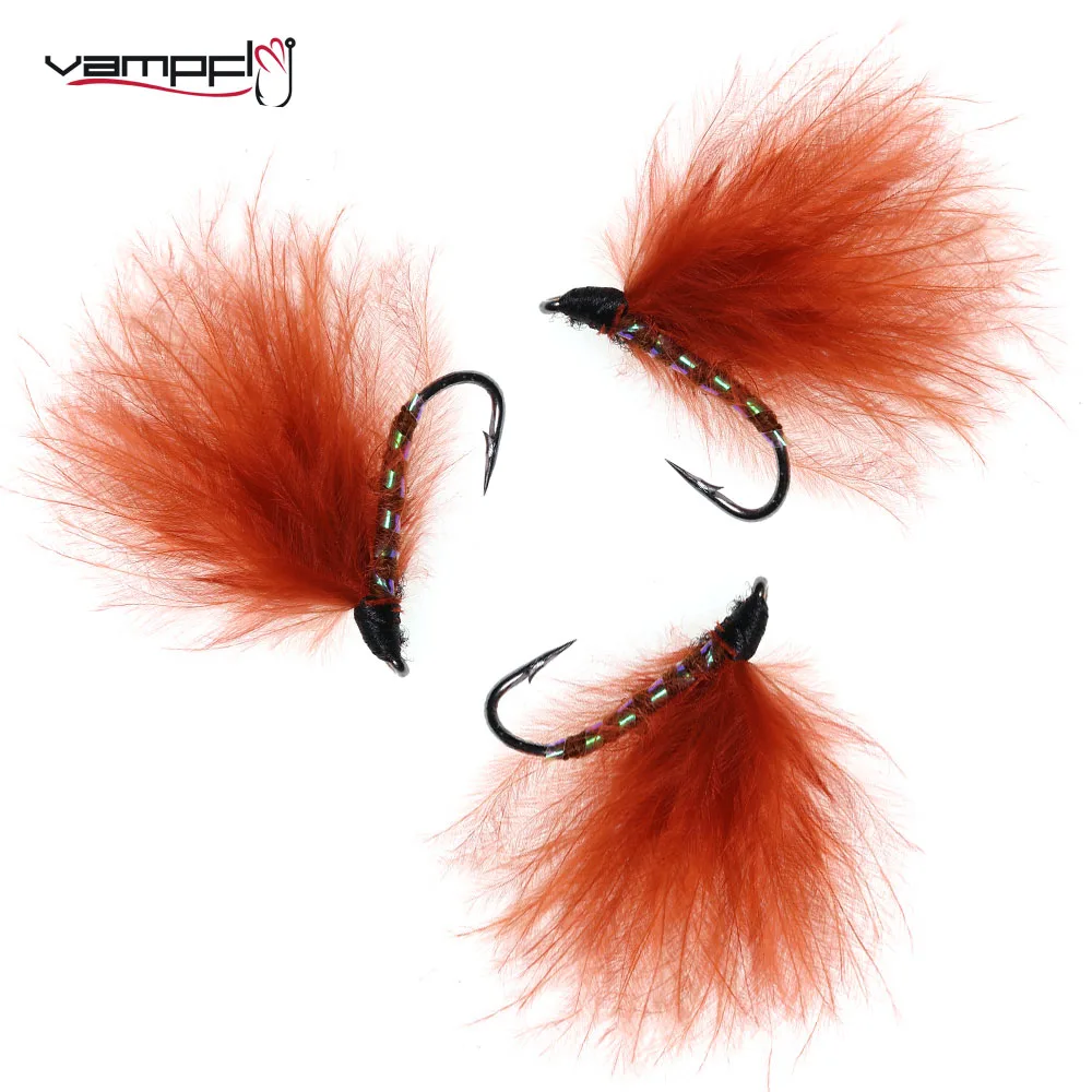 Vampfly 6pcs Rust Red Marabou Streamer Flies Tying on High Carbon Steel Barbed Hook For Bass Trout Fly Fishing Lure Baits 8#