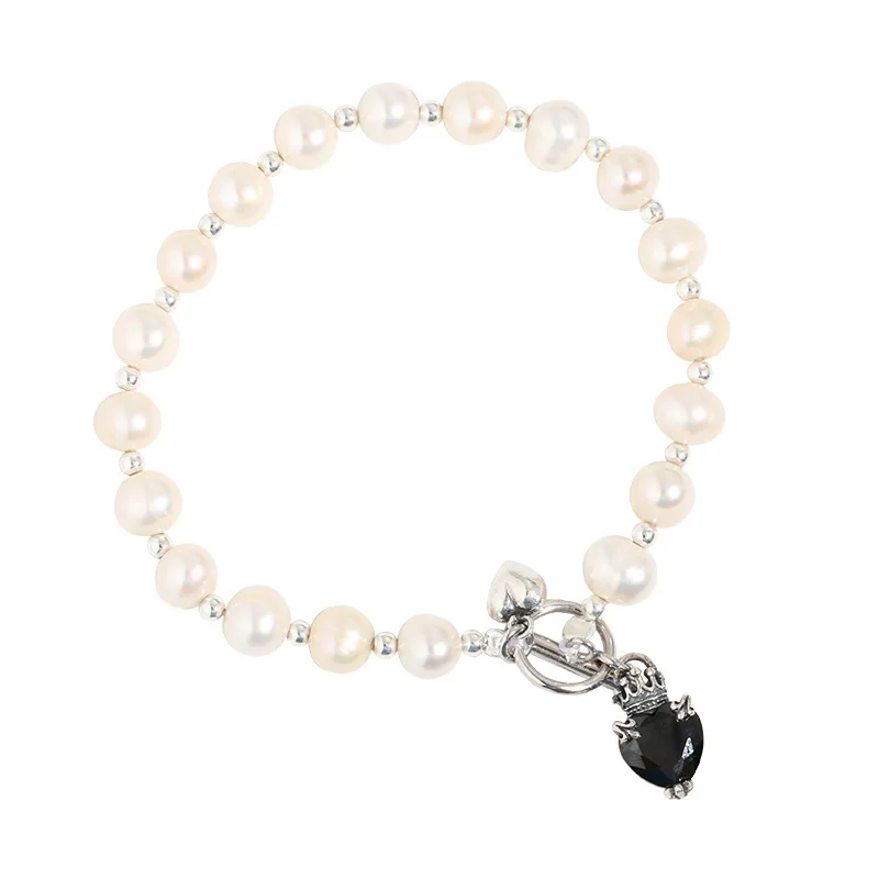 Foxanry Silver Color Pearls Bracelets for Women Fashion Vintage Elegant Simple Black Stone Sweet LOVE Heart Party Jewelry