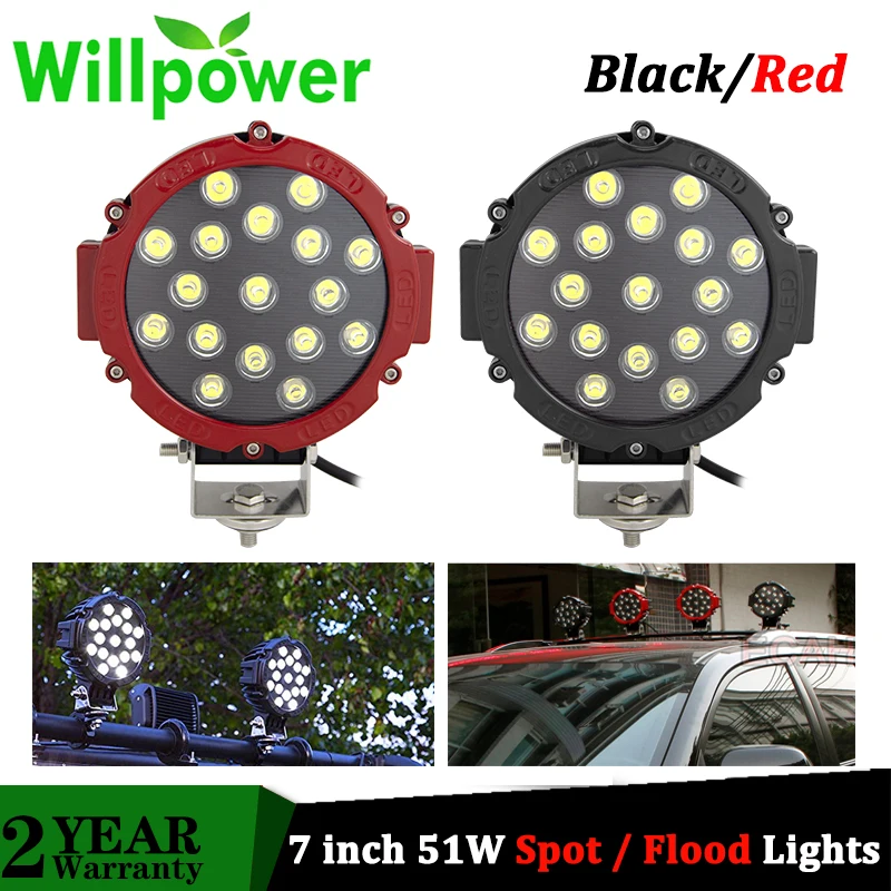 Willpower High Power 7 inch 51W LED Work Light Spot Flood Driving Fog Lights fo Offroad UTE 4x4 4WD BOAT SUV Truck Black Red