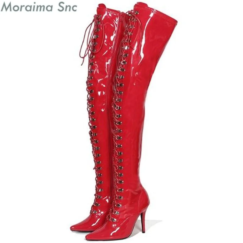 

winter red black white boots pointed toe lace up thigh high boots sexy high heels shoes women Patent leather Elastic boots