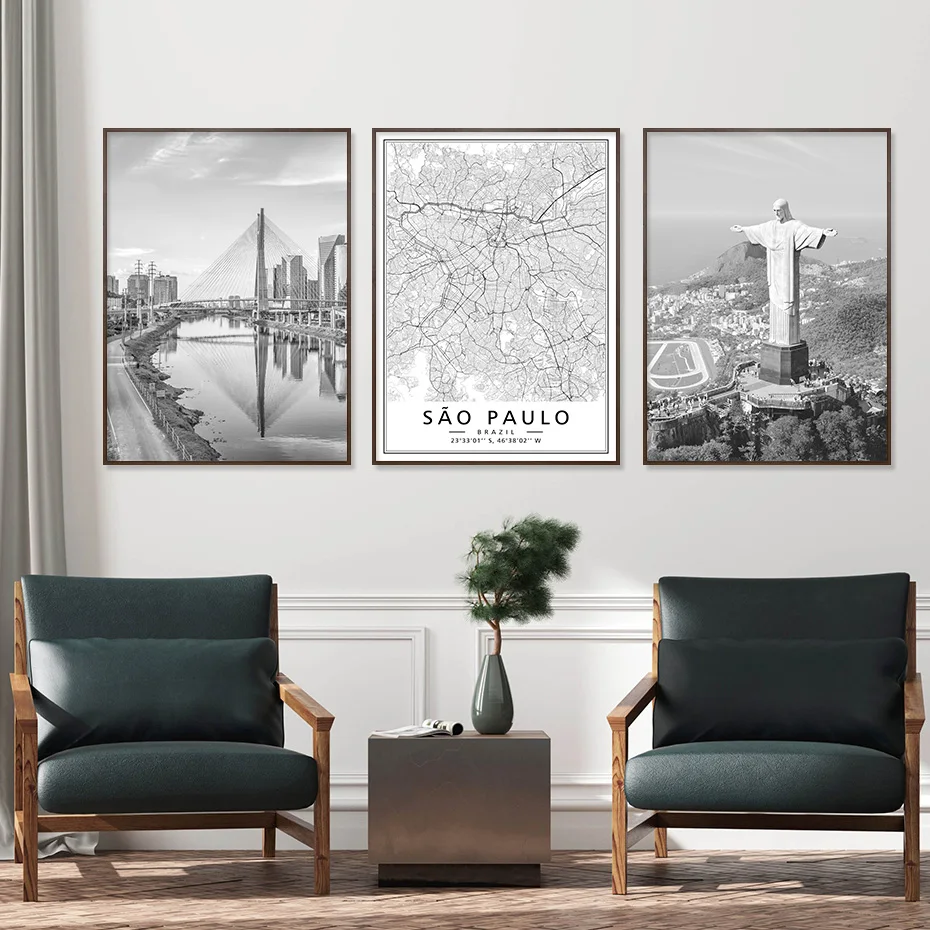 

Black White Brazil Sao Paulo Map City Scene Christ Statue Poster Wall Art Canvas Paintings Print Pictures Living Room Home Decor