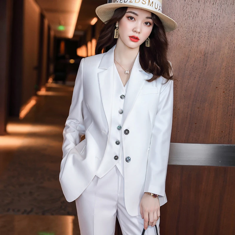 Lenshin Women\'s Formal Pant Suit, 3 Piece Suits, White Business Blazer Vest Suit Office Work Fashion High Quality China Factory