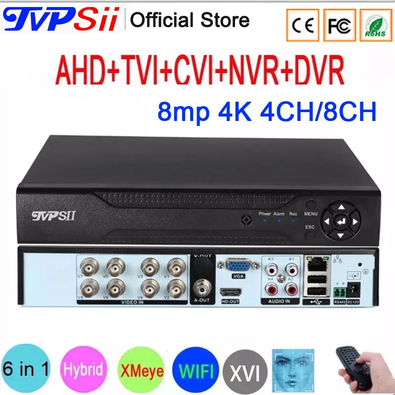 Système DVR de vidéosurveillance avec détection de visage, télécommande, audio, 8MP, 4K, Xmeye, 8 canaux, H.dissis + hybride, WiFi, 6 en 1, TVI, CVI, NVR, AHD