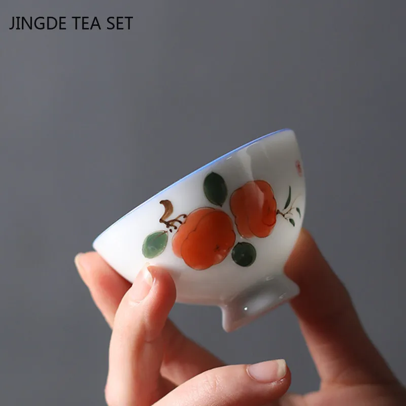 1 PCS Chinese White Porcelain Teacup Hand Painted Exquisite Ceramic Coffee Cup Travel Tea Bowl Household Tea Set Master Cup 60ml