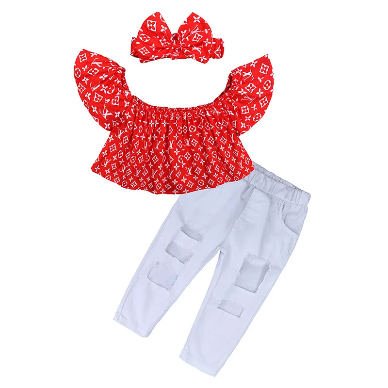 

Girl 3pcs Clothes Set Children off Shoulder T-shirt Ripped Jeans Headband Kid Outfits Set