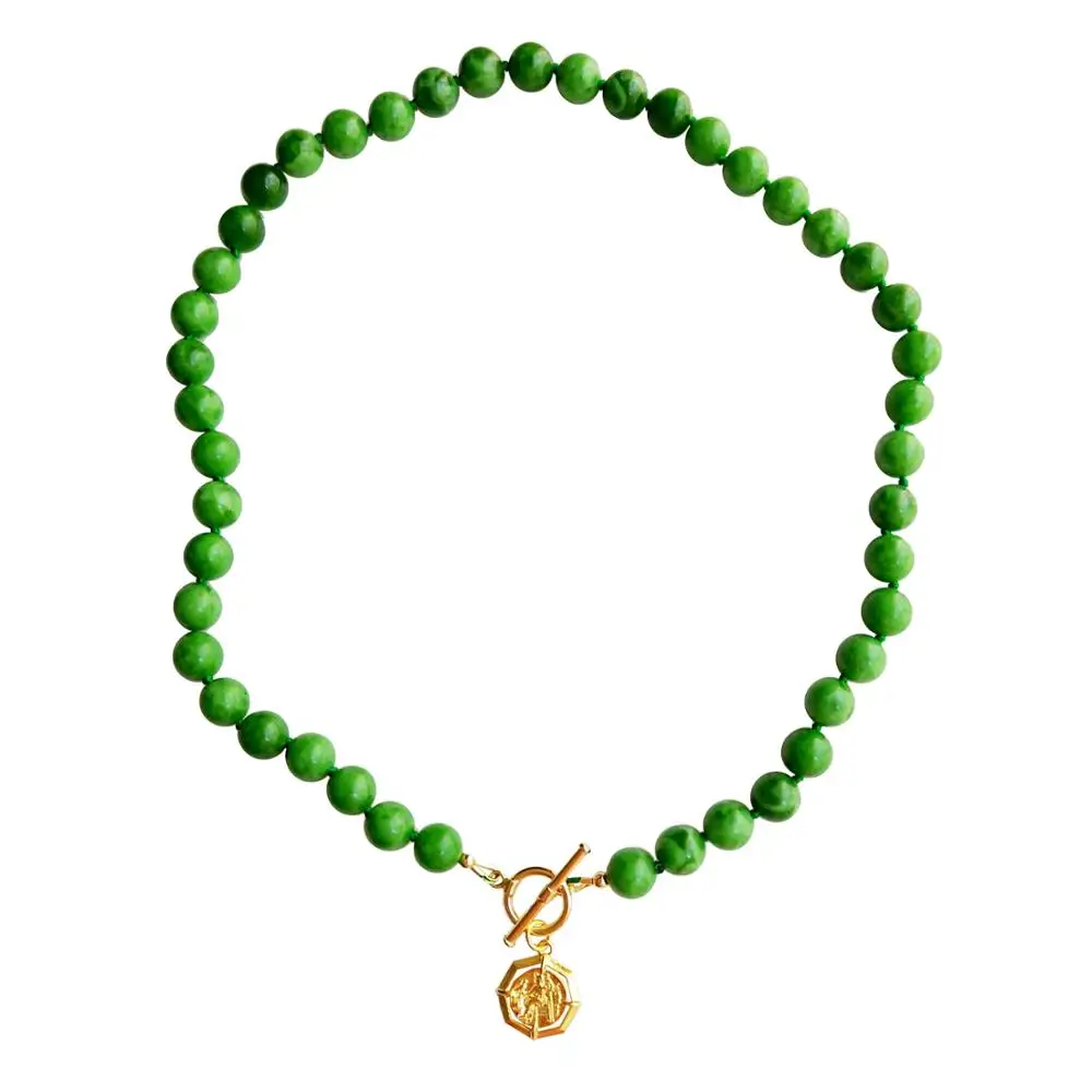 

Lii Ji Natural Green Jade Beaded Necklace 8mm 925 Sterling Silver Gold Color Pendant Necklace 45cm Easy Wear Jewelry For Gift