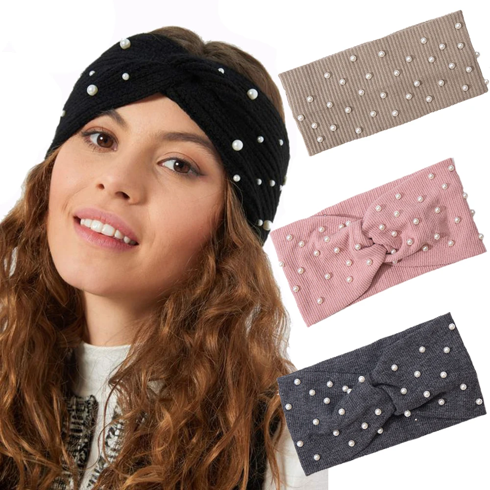 Diademas con lazo para mujer, turbante de punto con perlas, Bandana elástica, accesorios para el cabello cálidos, tocado, Otoño e Invierno