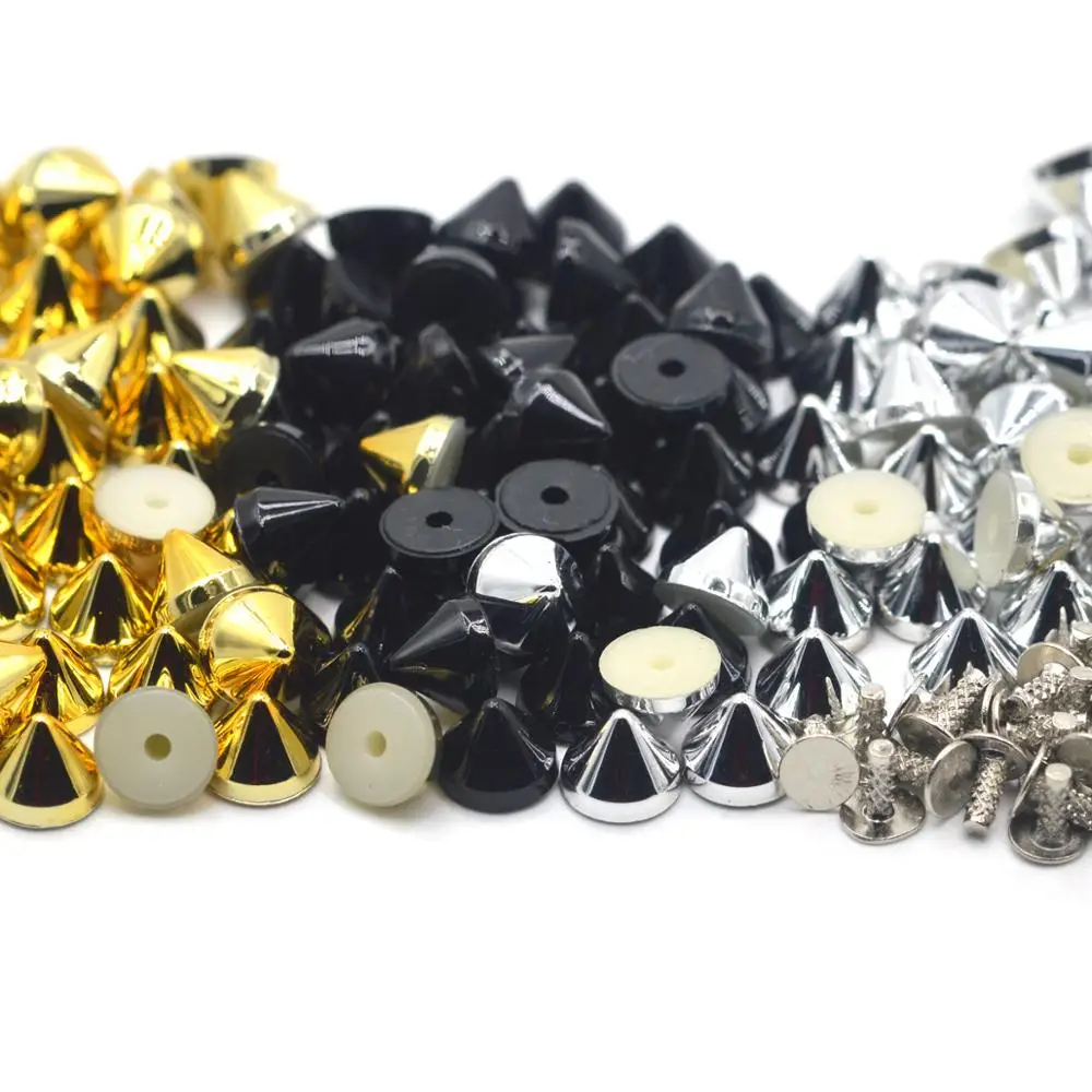 KALASO 100Sets 6.5x5.5mm Silver Gold Black Plated ABS Cone Punk Studs Rivets Spikes for Shoes Bag Garment Decoration