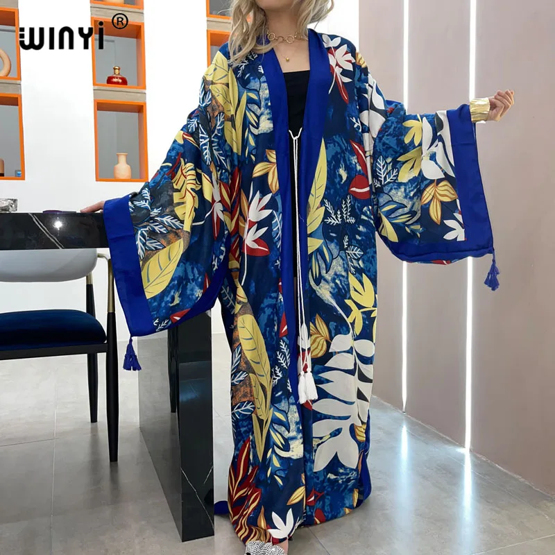 2022 WINYI  two-piece suit Boho Printed kimonos verano Batwing Sleeve sukienka Women Elastic  Floor Length New Fashion Tide