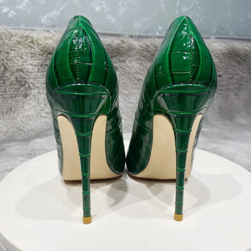 Tikicup Green Crocodile Effect Women Pointy Toe High Heels 8cm 10cm 12cm Customize Ladies Sexy Stiletto Pumps Club Party Shoes