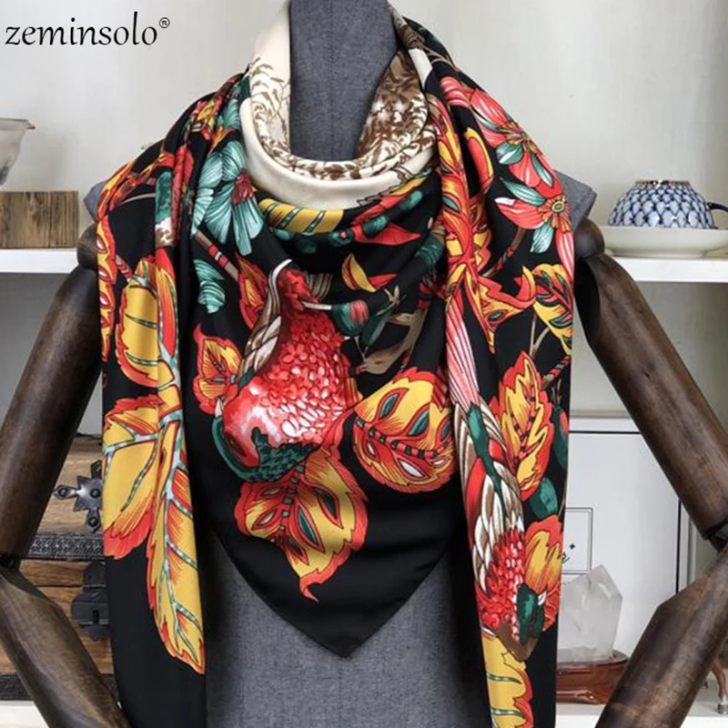 Fashion 100% Twill Silk Women Scarf Bandana 130*130cm Floral Printed Square Scarves High Quality Gift Large Silk Shawls Stoles