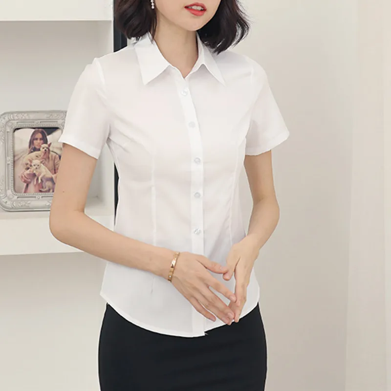 Blusa de manga corta con cuello en V para mujer, camisa de trabajo lisa, blusa bonita y barata para mujer, ropa blanca para mujer 2023