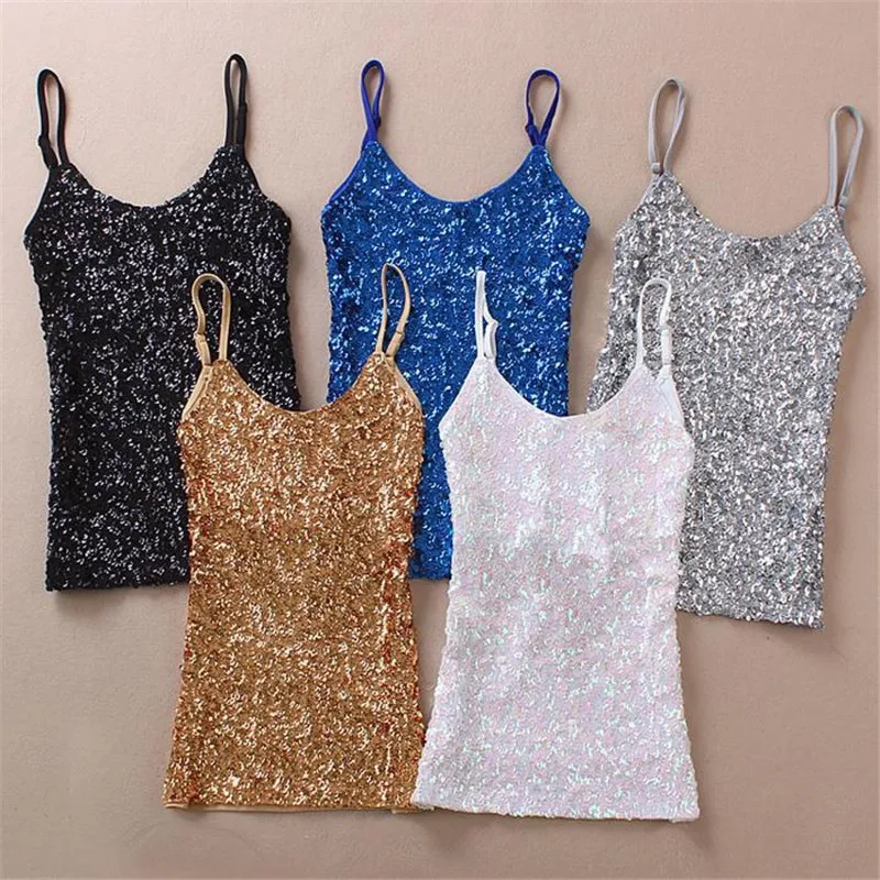 Seksowne Kobiety Damskie Cekinowe Błyszczące Top Bez Rękawów T-shirty Camis Bluzka Kamizelka Top na Ramiączkach Multicolor 06 #