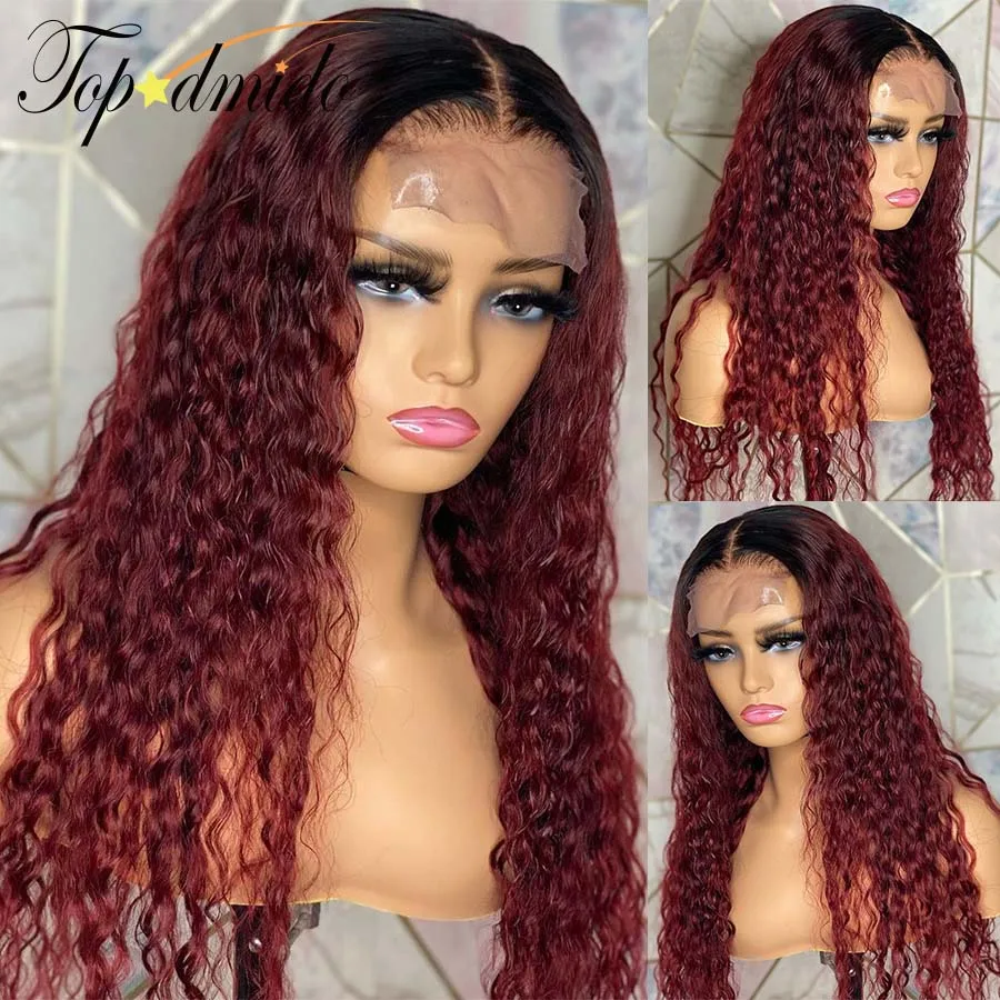 

Topodmido #99J Ombre Color 13x4 Lace Front Wigs with Baby Hair Long Curly Human Hair Wigs Brazilian Remy Hair 4x4 Lace Wigs