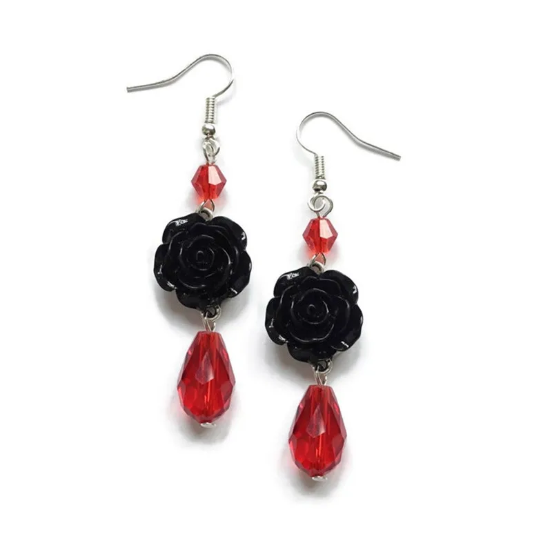 Black Rose Earrings with Red Beads, Rockabilly Jewellery,Romantic Valentine Gift for Her,Floral Jewelry, Gothic Victorian Weddin