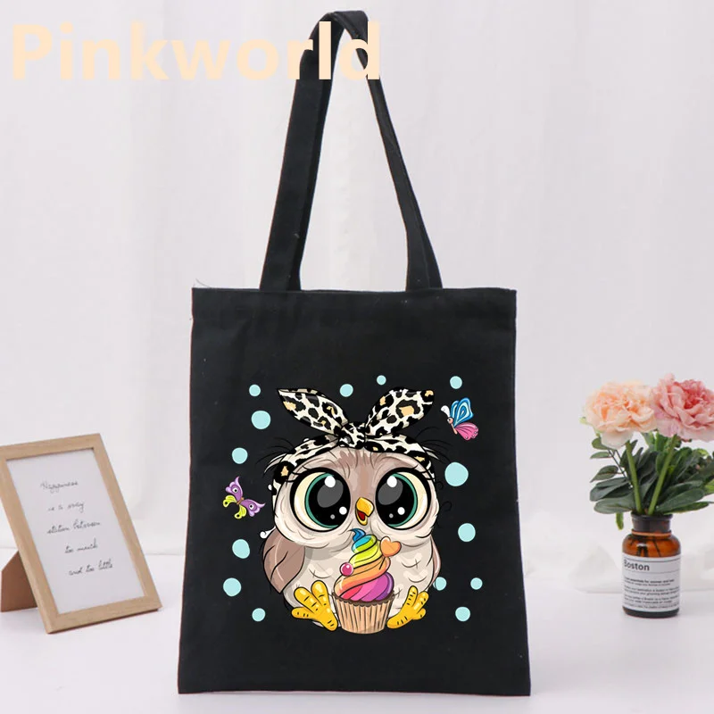 Bolso de lona con estampado de búho para mujer, bolsa de hombro, color blanco y negro, Harajuku
