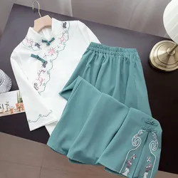 Elegant Hanfu Cheongsam Qipao Tops Skirt Flower Embroidery Suit Summer Women Clothing Traditional Chinese Style Outfit Party
