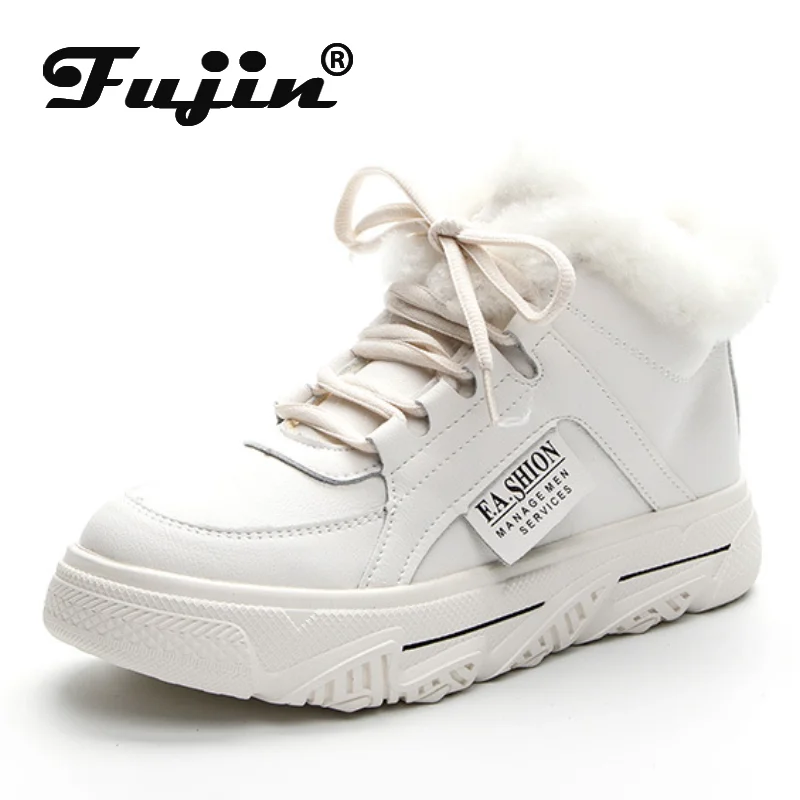 fujin white women winter shoes genuine leather platform wedge comfy leather warm fur female women snow boots zapatillas mujer