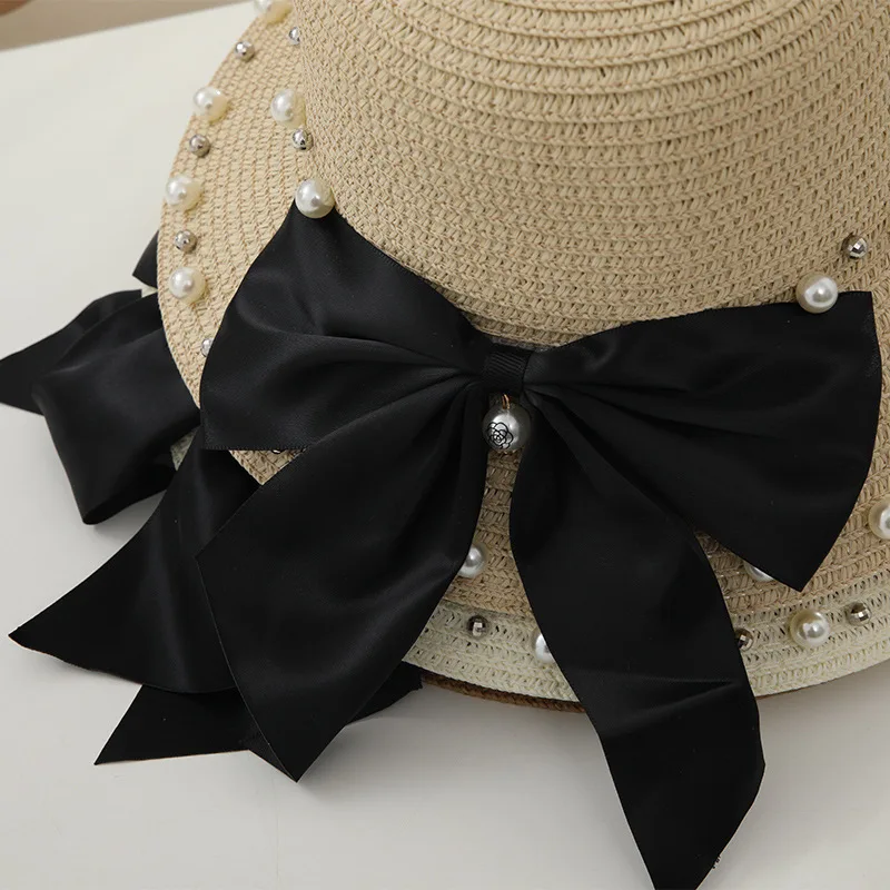 new spring and summer female sunscreen sun hat children bowknot straw hat pearl beach hat traw hat female parent-child hat