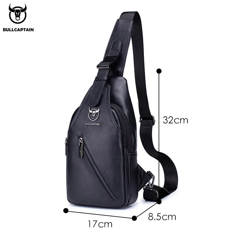 BULLCAPTAIN Men's Leather Chest Bag Multi-Function Travel Storage Bag Men's Messenger Bag Hardware Zipper Leather Bag