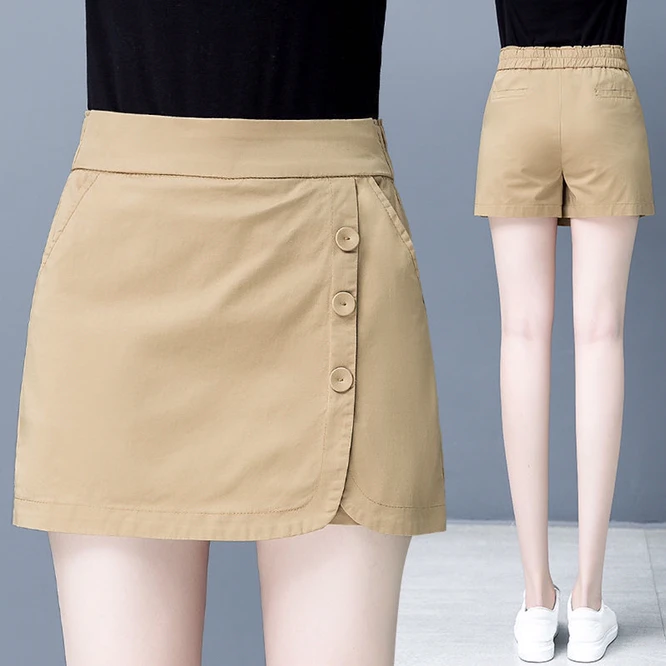 Spring Summer New Korean Loose Thin Shorts Short Women Skirt High Waist A-SKirt Fake Two-Piece Skirt and Pants Girl Khaki