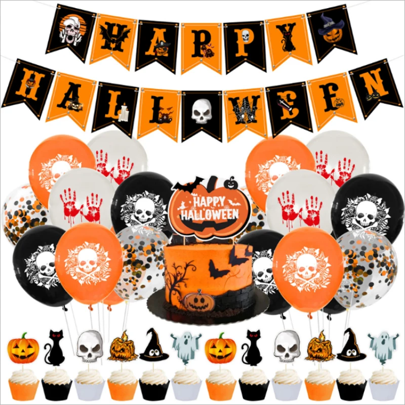 

Happy Halloween Flag Banner Birthday Cake Insert Set Halloween Theme Party Decorative Balloon