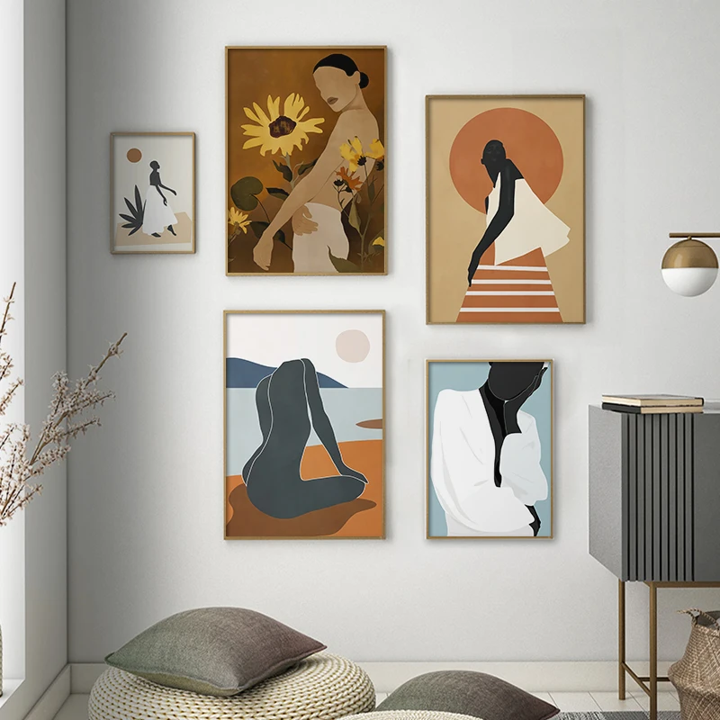 Vintage Abstract Girl Sunflower Painting Scandinavia Canvas Prints Poster Wall Art Picture for Gallery Living Room Home Decor