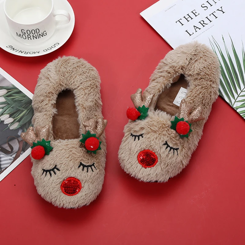 Fluffy Women Family Slipper Warm Antlers Cute Christmas Slippers Cartoon Non-slip Best Slippers For home Cozy Floor Soft slipper
