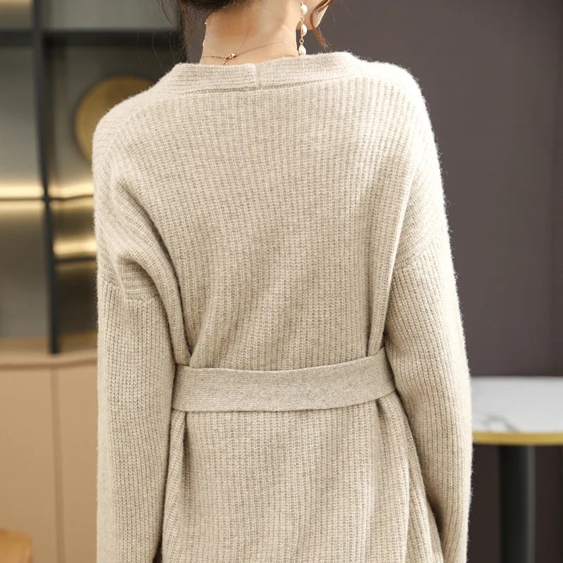 European And American New Style Pure Wool Cardigan Women's Loose Belt Large Size Autumn And Winter Knitted Cashmere Sweater Coat