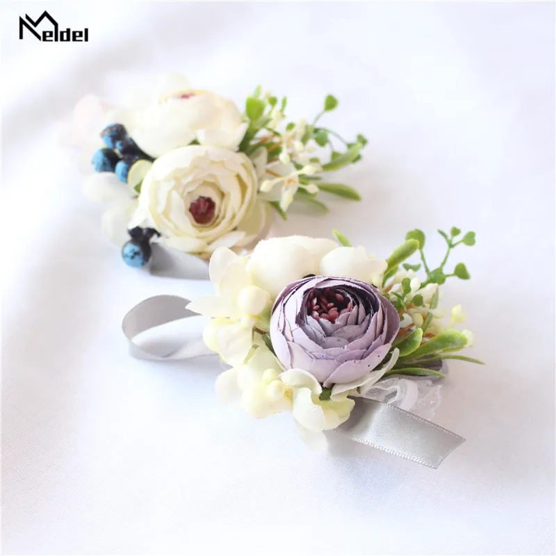 Meldel สีขาวสีชมพูเจ้าบ่าว Boutonniere ผู้ชายผ้าไหม Rose ผู้หญิงเข็มกลัดงานแต่งงาน Corsage PIN ดอกไม้แต่งงานดอกไม้ผ้าไหม Corsages