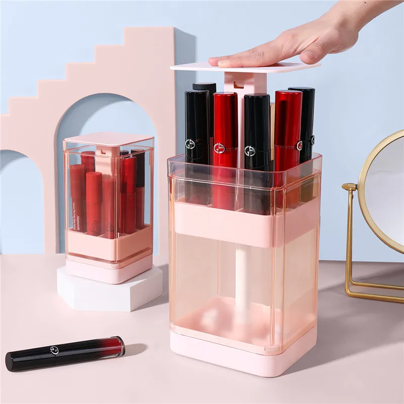 

Press Type Lipstick Holder Plastic Dustproof Makeup Organizer Desktop Cosmetic Rack Dressing Table Women Lip Glaze Storage Box